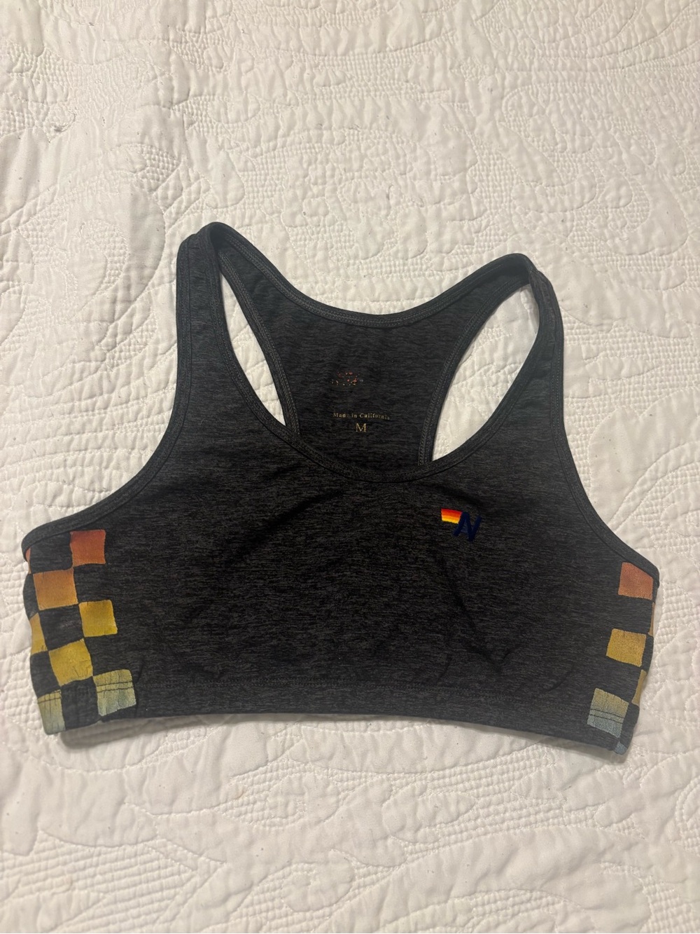 Aviator Nation Charcoal Grey Racerback Sports Bra with Rainbow Accent size med